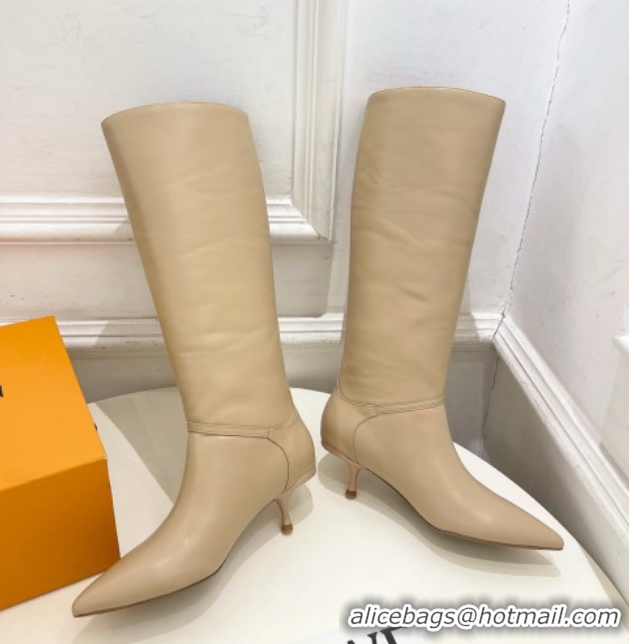 Top Grade Louis Vuitton 6AM Heel High Boots 5.5cm in Calf Leather with Back Strap Beige 1AIUOR 1021141