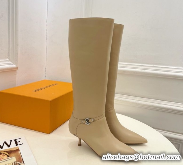 Top Grade Louis Vuitton 6AM Heel High Boots 5.5cm in Calf Leather with Back Strap Beige 1AIUOR 1021141