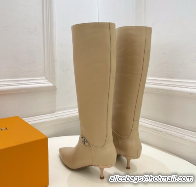 Top Grade Louis Vuitton 6AM Heel High Boots 5.5cm in Calf Leather with Back Strap Beige 1AIUOR 1021141