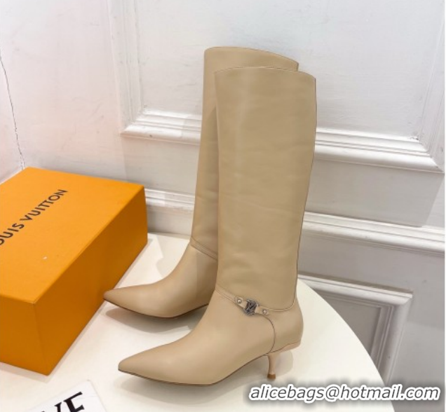 Top Grade Louis Vuitton 6AM Heel High Boots 5.5cm in Calf Leather with Back Strap Beige 1AIUOR 1021141
