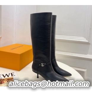 Unique Style Louis Vuitton 6AM Heel High Boots 5.5cm in Calf Leather with Back Strap Black 1AIUOR 1021145