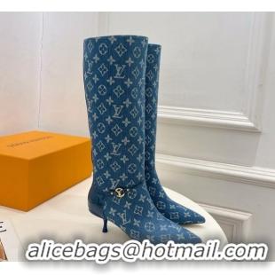 Classic Hot Louis Vuitton 6AM Heel High Boots 5.5cm in Monogram Denim with Back Strap Blue 1AIUOR 1021142