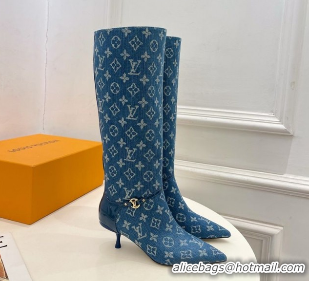Classic Hot Louis Vuitton 6AM Heel High Boots 5.5cm in Monogram Denim with Back Strap Blue 1AIUOR 1021142