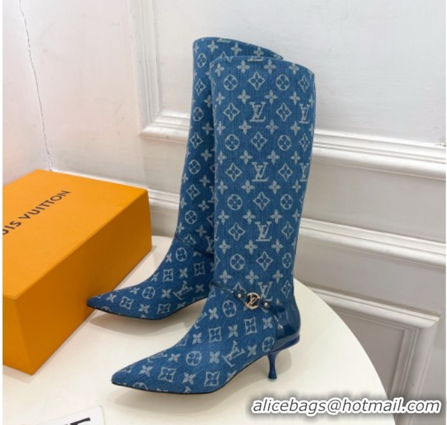 Classic Hot Louis Vuitton 6AM Heel High Boots 5.5cm in Monogram Denim with Back Strap Blue 1AIUOR 1021142