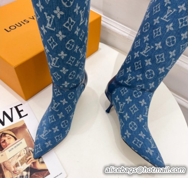 Classic Hot Louis Vuitton 6AM Heel High Boots 5.5cm in Monogram Denim with Back Strap Blue 1AIUOR 1021142