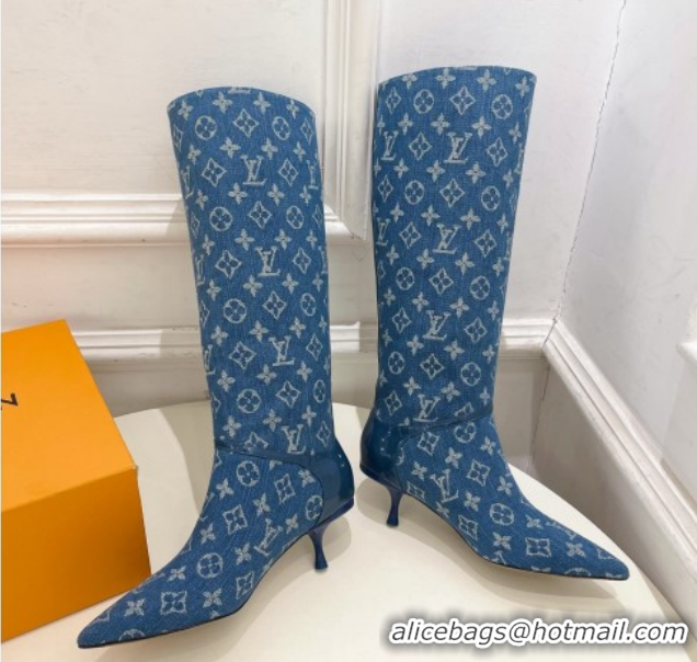 Classic Hot Louis Vuitton 6AM Heel High Boots 5.5cm in Monogram Denim with Back Strap Blue 1AIUOR 1021142