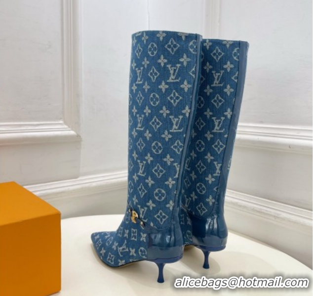 Classic Hot Louis Vuitton 6AM Heel High Boots 5.5cm in Monogram Denim with Back Strap Blue 1AIUOR 1021142