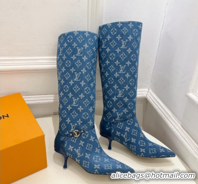 Classic Hot Louis Vuitton 6AM Heel High Boots 5.5cm in Monogram Denim with Back Strap Blue 1AIUOR 1021142