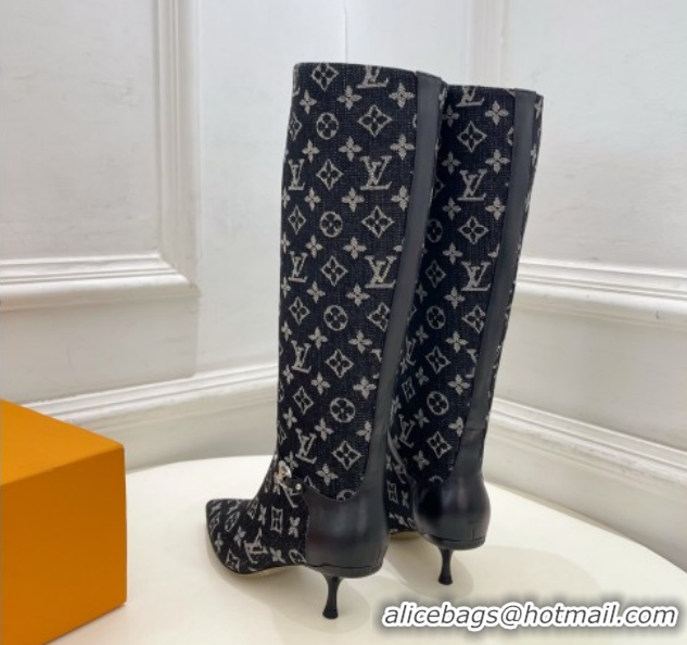 Good Looking Louis Vuitton 6AM Heel High Boots 5.5cm in Monogram Denim with Back Strap Black 1AIUOR 1021144