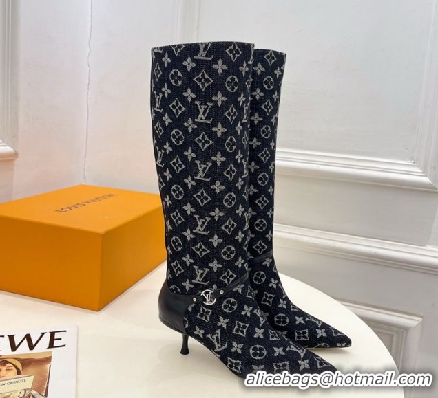 Good Looking Louis Vuitton 6AM Heel High Boots 5.5cm in Monogram Denim with Back Strap Black 1AIUOR 1021144