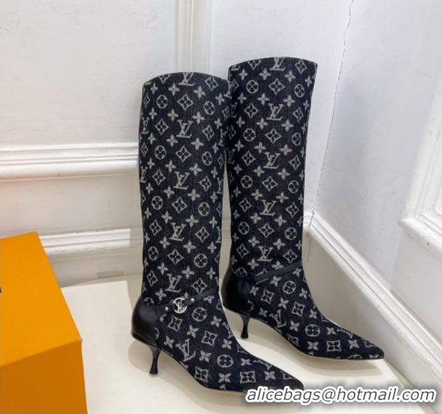 Good Looking Louis Vuitton 6AM Heel High Boots 5.5cm in Monogram Denim with Back Strap Black 1AIUOR 1021144