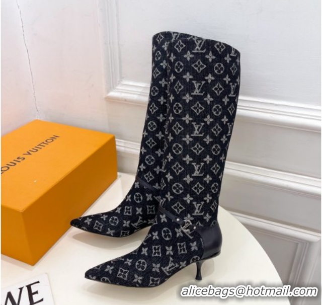 Good Looking Louis Vuitton 6AM Heel High Boots 5.5cm in Monogram Denim with Back Strap Black 1AIUOR 1021144