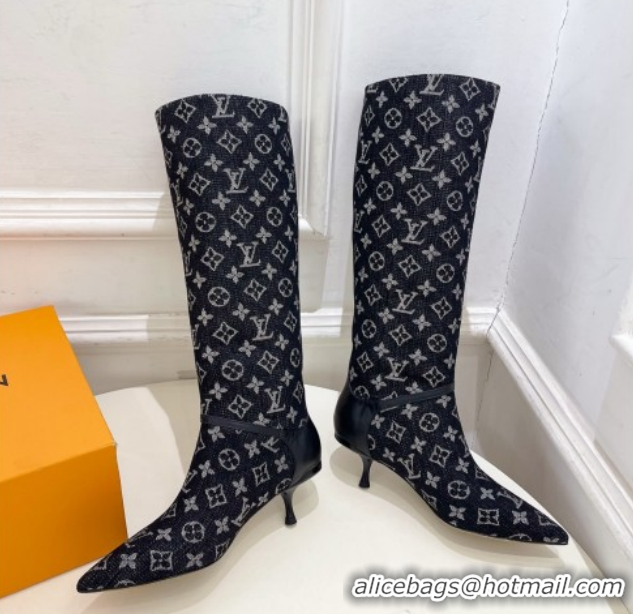 Good Looking Louis Vuitton 6AM Heel High Boots 5.5cm in Monogram Denim with Back Strap Black 1AIUOR 1021144