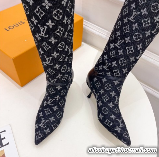 Good Looking Louis Vuitton 6AM Heel High Boots 5.5cm in Monogram Denim with Back Strap Black 1AIUOR 1021144