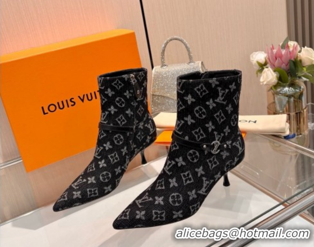 Luxurious Louis Vuitton 6AM Heel Ankle Boots 5.5cm in Monogram Denim with Back Strap Black 1AIUOR 1021156