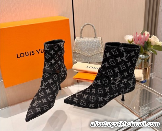 Luxurious Louis Vuitton 6AM Heel Ankle Boots 5.5cm in Monogram Denim with Back Strap Black 1AIUOR 1021156
