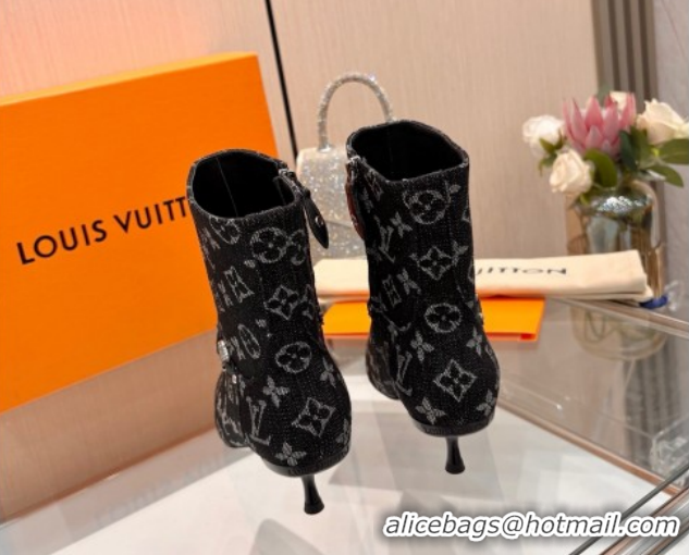 Luxurious Louis Vuitton 6AM Heel Ankle Boots 5.5cm in Monogram Denim with Back Strap Black 1AIUOR 1021156