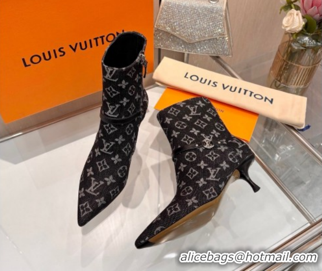 Luxurious Louis Vuitton 6AM Heel Ankle Boots 5.5cm in Monogram Denim with Back Strap Black 1AIUOR 1021156