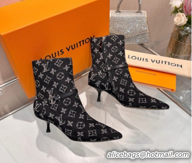 Luxurious Louis Vuitton 6AM Heel Ankle Boots 5.5cm in Monogram Denim with Back Strap Black 1AIUOR 1021156