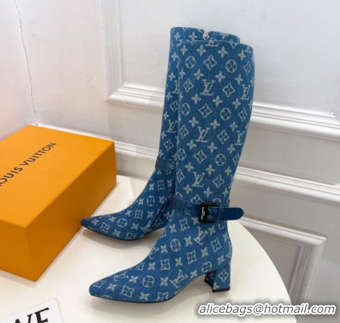 Good Quality Louis Vuitton Heel High Boots 5cm in Monogram Denim with Buckle Strap Blue LV102201 1022002