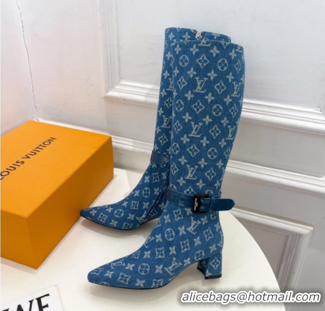 Good Quality Louis Vuitton Heel High Boots 5cm in Monogram Denim with Buckle Strap Blue LV102201 1022002