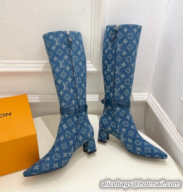 Good Quality Louis Vuitton Heel High Boots 5cm in Monogram Denim with Buckle Strap Blue LV102201 1022002