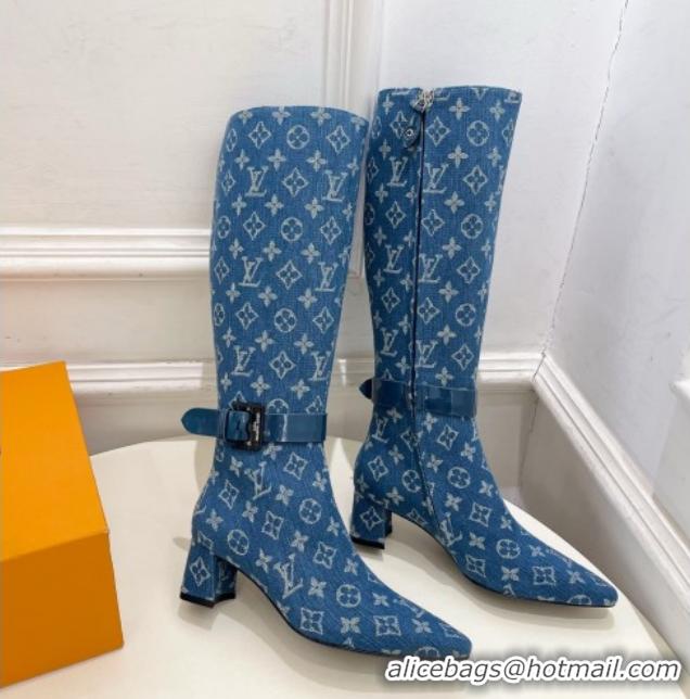 Good Quality Louis Vuitton Heel High Boots 5cm in Monogram Denim with Buckle Strap Blue LV102201 1022002
