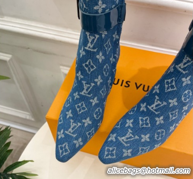 Good Quality Louis Vuitton Heel High Boots 5cm in Monogram Denim with Buckle Strap Blue LV102201 1022002