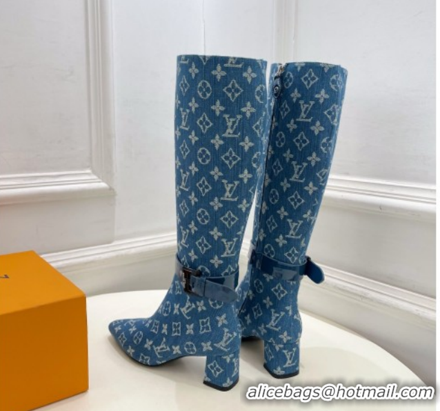 Good Quality Louis Vuitton Heel High Boots 5cm in Monogram Denim with Buckle Strap Blue LV102201 1022002