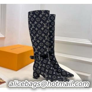 Pretty Style Louis Vuitton Heel High Boots 5cm in Monogram Denim with Buckle Strap Black LV102201 1022003