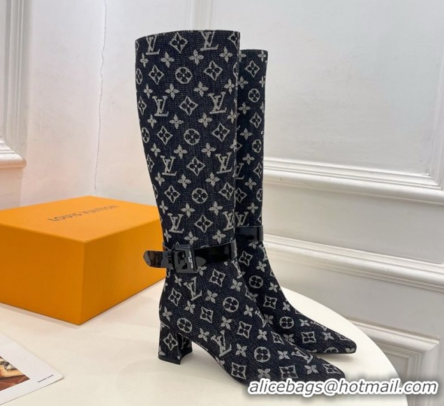 Pretty Style Louis Vuitton Heel High Boots 5cm in Monogram Denim with Buckle Strap Black LV102201 1022003