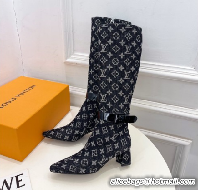 Pretty Style Louis Vuitton Heel High Boots 5cm in Monogram Denim with Buckle Strap Black LV102201 1022003