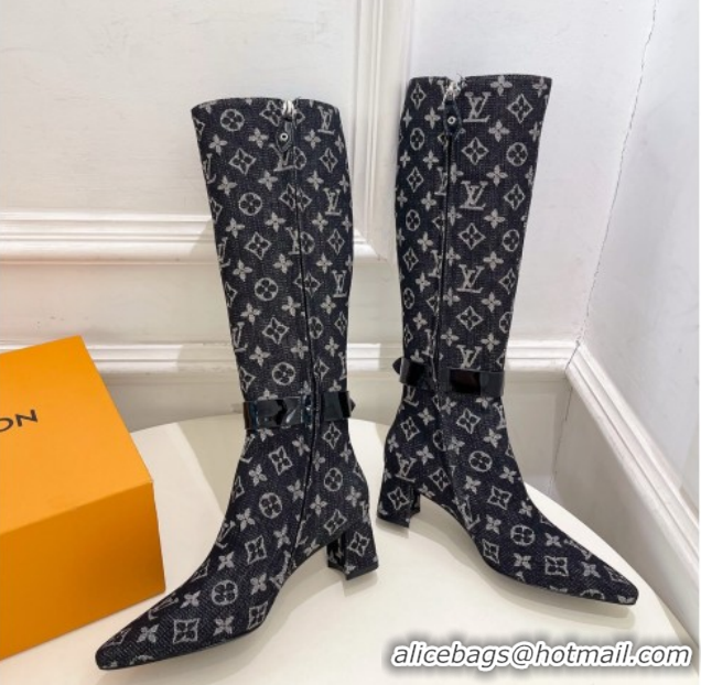 Pretty Style Louis Vuitton Heel High Boots 5cm in Monogram Denim with Buckle Strap Black LV102201 1022003