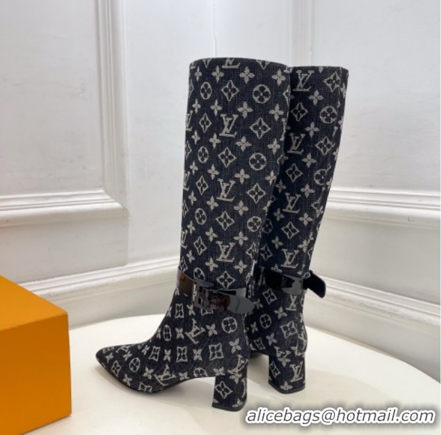 Pretty Style Louis Vuitton Heel High Boots 5cm in Monogram Denim with Buckle Strap Black LV102201 1022003