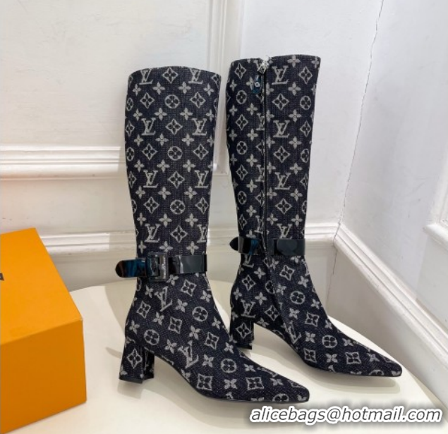 Pretty Style Louis Vuitton Heel High Boots 5cm in Monogram Denim with Buckle Strap Black LV102201 1022003