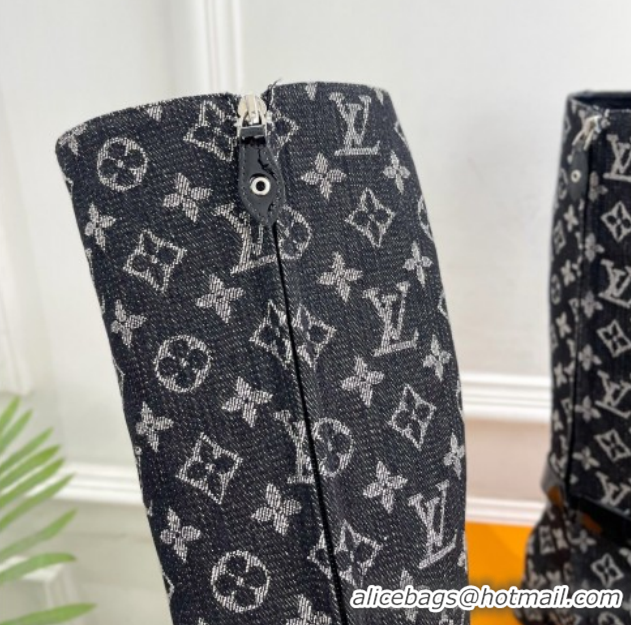 Pretty Style Louis Vuitton Heel High Boots 5cm in Monogram Denim with Buckle Strap Black LV102201 1022003