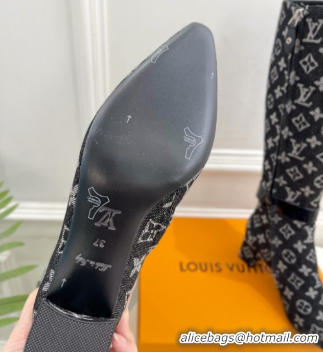 Pretty Style Louis Vuitton Heel High Boots 5cm in Monogram Denim with Buckle Strap Black LV102201 1022003