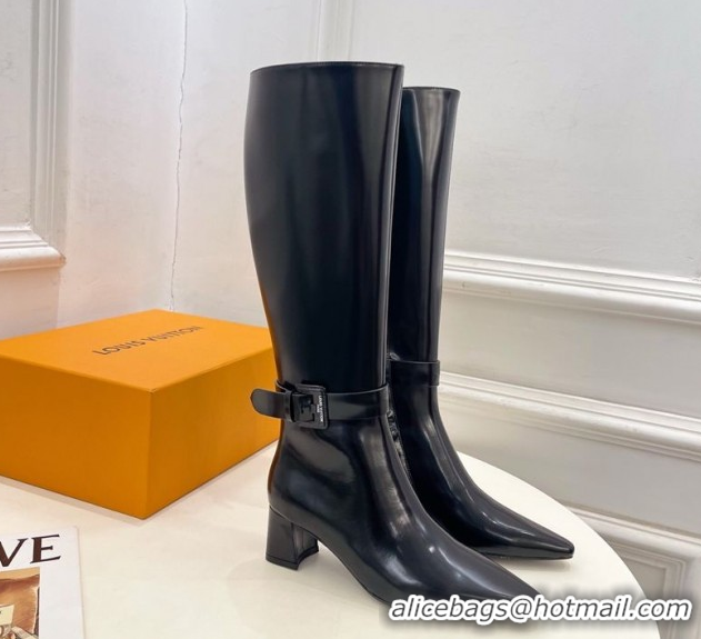 Shop Duplicate Louis Vuitton Heel High Boots 5cm in Patent Leather with Buckle Strap Black LV102201 1022004