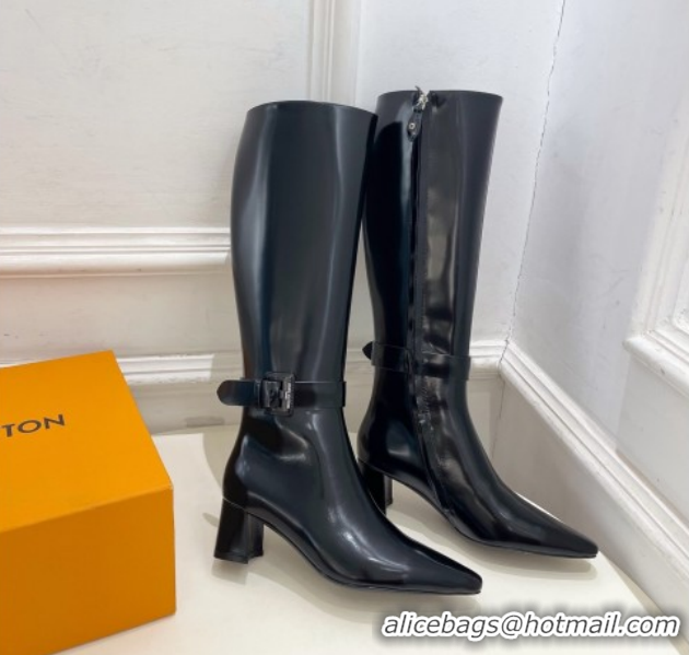 Shop Duplicate Louis Vuitton Heel High Boots 5cm in Patent Leather with Buckle Strap Black LV102201 1022004