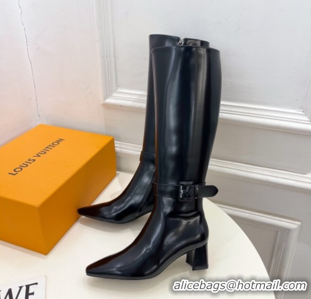 Shop Duplicate Louis Vuitton Heel High Boots 5cm in Patent Leather with Buckle Strap Black LV102201 1022004