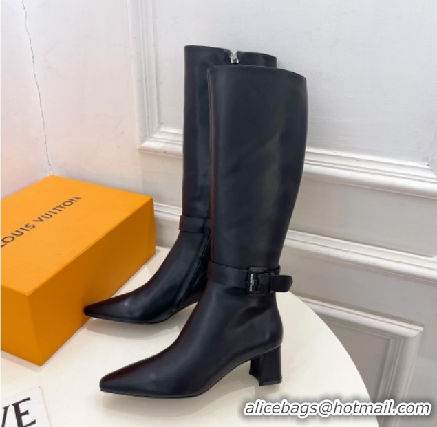 Good Product Louis Vuitton Heel High Boots 5cm in Calf Leather with Buckle Strap Black LV102201 1022005