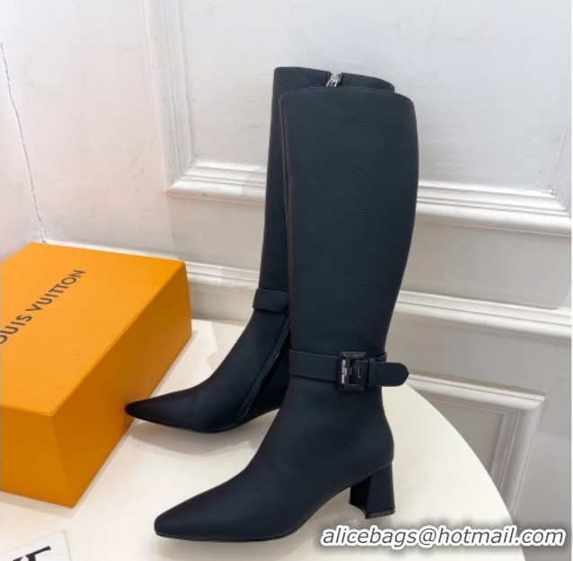 Durable Louis Vuitton Heel High Boots 5cm in Matte Leather with Buckle Strap Black LV102201 1022006