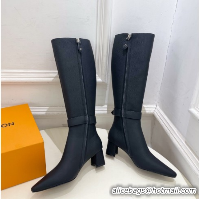 Durable Louis Vuitton Heel High Boots 5cm in Matte Leather with Buckle Strap Black LV102201 1022006