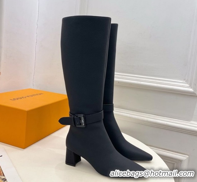 Durable Louis Vuitton Heel High Boots 5cm in Matte Leather with Buckle Strap Black LV102201 1022006