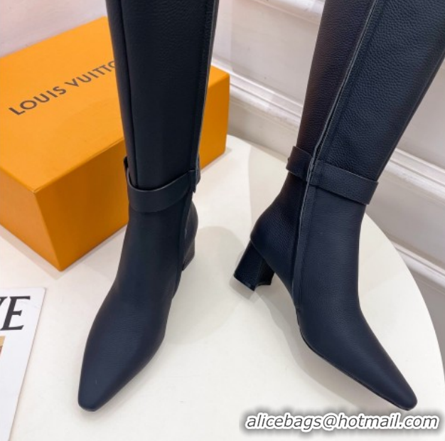 Durable Louis Vuitton Heel High Boots 5cm in Matte Leather with Buckle Strap Black LV102201 1022006