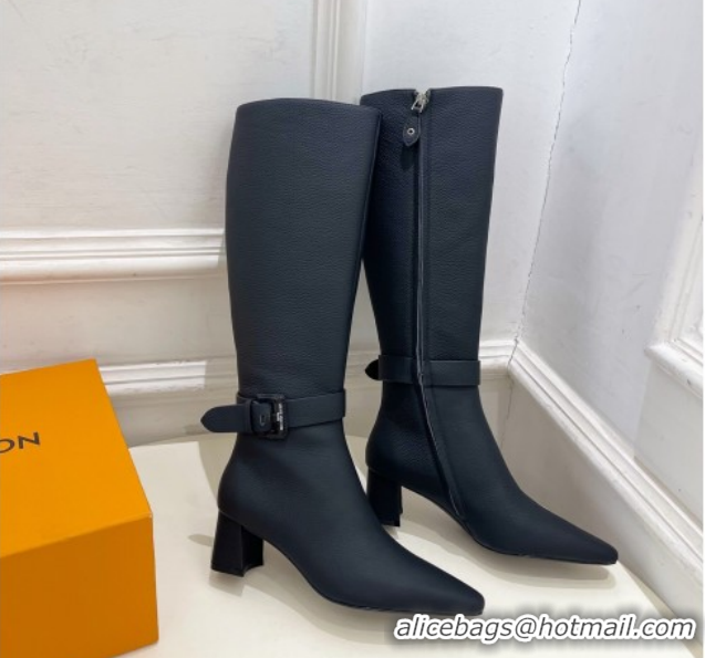 Durable Louis Vuitton Heel High Boots 5cm in Matte Leather with Buckle Strap Black LV102201 1022006