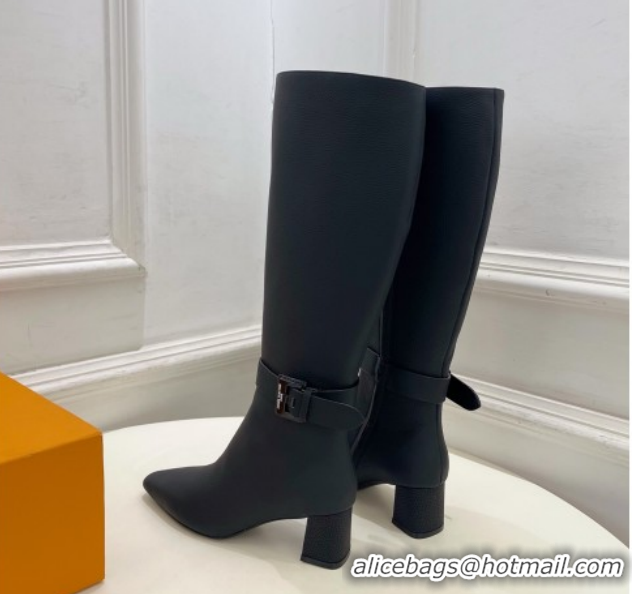 Durable Louis Vuitton Heel High Boots 5cm in Matte Leather with Buckle Strap Black LV102201 1022006