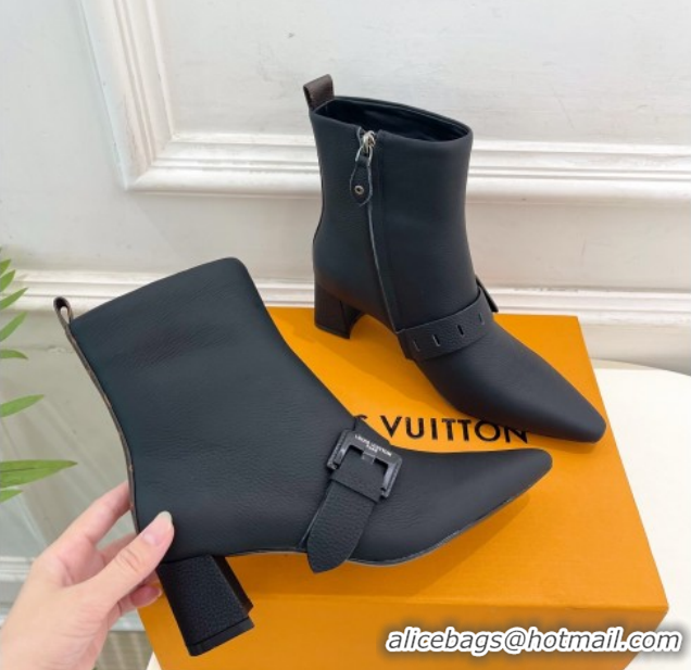 Top Design Louis Vuitton Fusee Heel Ankle Boots 5cm in Matte Leather with Buckle Strap Black 1022008