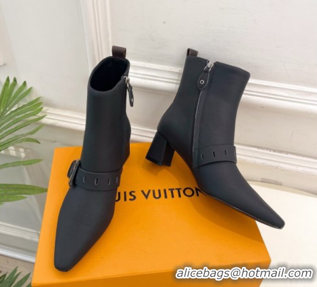 Top Design Louis Vuitton Fusee Heel Ankle Boots 5cm in Matte Leather with Buckle Strap Black 1022008