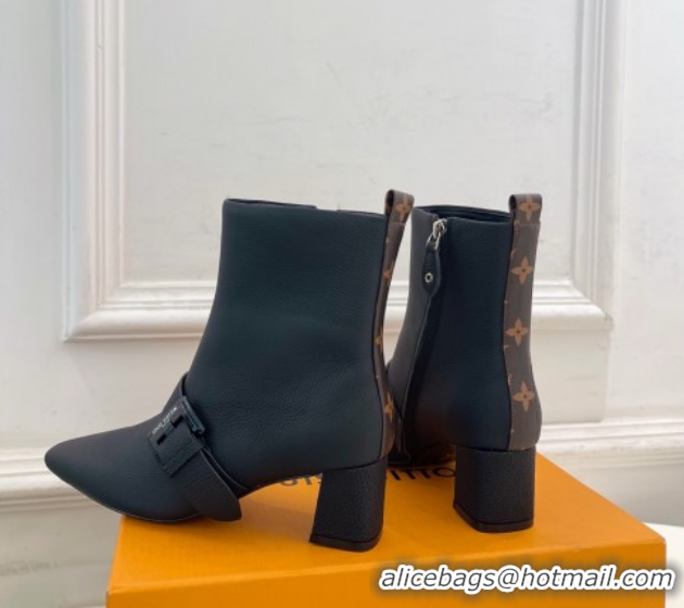 Top Design Louis Vuitton Fusee Heel Ankle Boots 5cm in Matte Leather with Buckle Strap Black 1022008